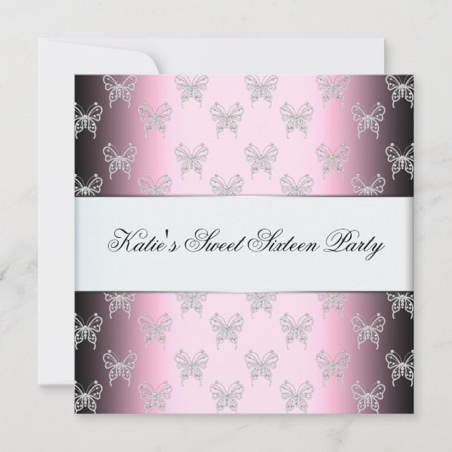 Pink Black Butterfly Sweet Sixteen Party Invitation (Front)