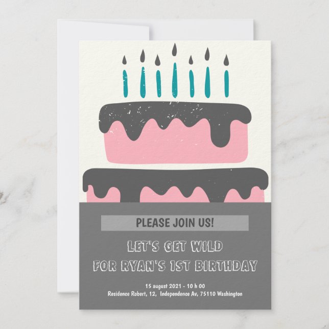 Pink & black Cake 1st Birthday Invitation (Front)