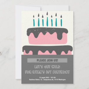 Pink & black Cake 1st Birthday Invitation