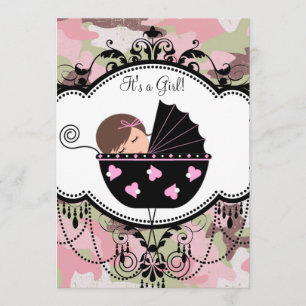 Pink Black Camouflage Baby Girl Shower Invitations