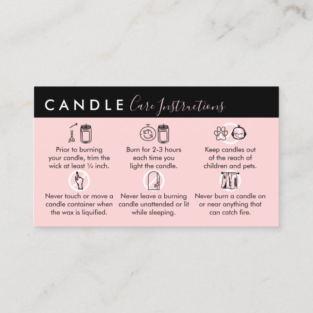 Pink Black Candle Care Instructions Business Card (Back)