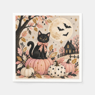 Pink Black Cat Halloween Party Paper Napkins