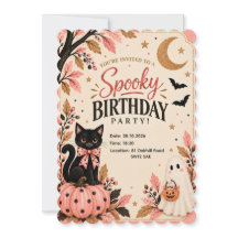 Pink Black Cat Spooky Halloween Invitation
