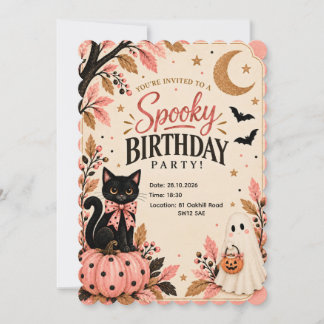 Pink Black Cat Spooky Halloween Invitation