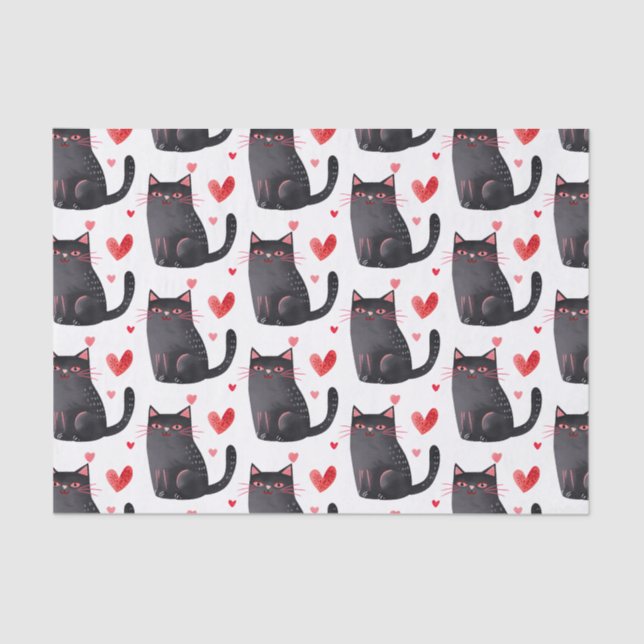 Pink Black Cats Hearts Birthday Tissue Paper (Front)