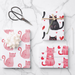 Pink Black Cats Hearts Birthday Wrapping Paper Sheet