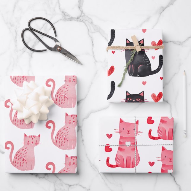 Pink Black Cats Hearts Birthday Wrapping Paper Sheet (Front)