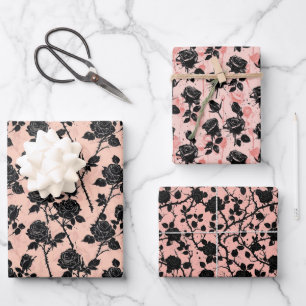 Pink & Black Cemetery Roses Gothic Wrapping Paper Sheet