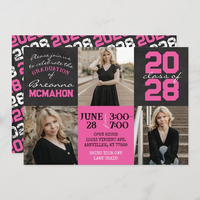 Pink & Black Chalkboard 3 Photo Graduation Invitation (Creator Uploaded)