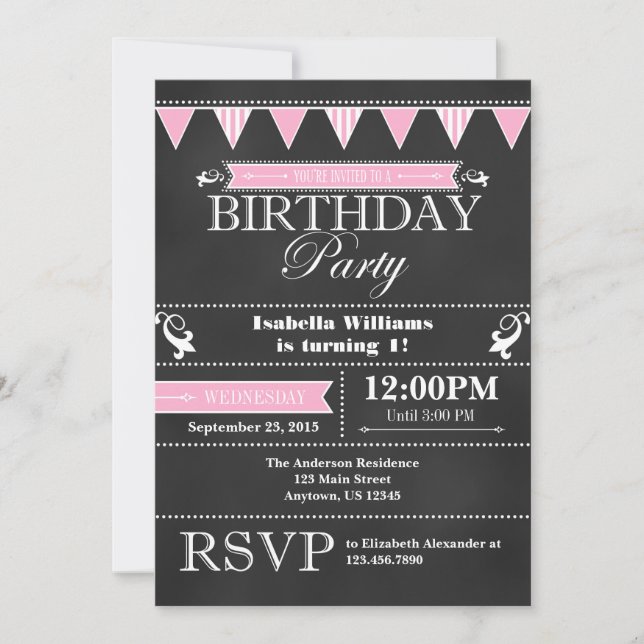Pink Black Chalkboard Birthday Invitation (Front)