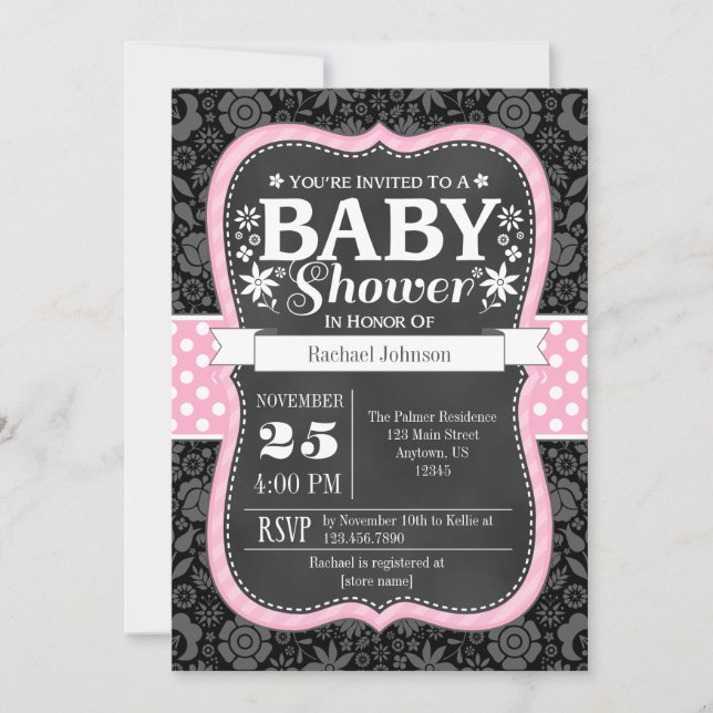 Pink Black Chalkboard Floral Baby Shower Invite (Front)