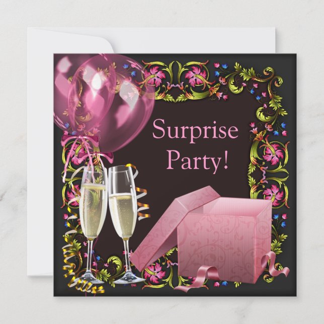 Pink Black Champagne Balloons Surprise Party Invitation (Front)