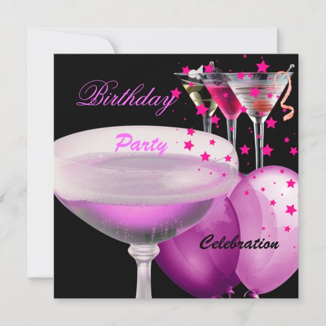 Pink Black Champagne Cocktails Birthday Party Invitation (Front)