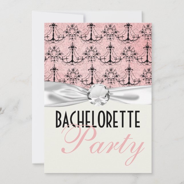 pink black chandelier damask bachelorette party invitation (Front)
