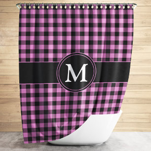 Pink & Black Checked Pattern Monogram Personalise Shower Curtain