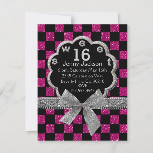 Pink & Black Chequerboard Glitter Sweet 16 Invitation (Front)