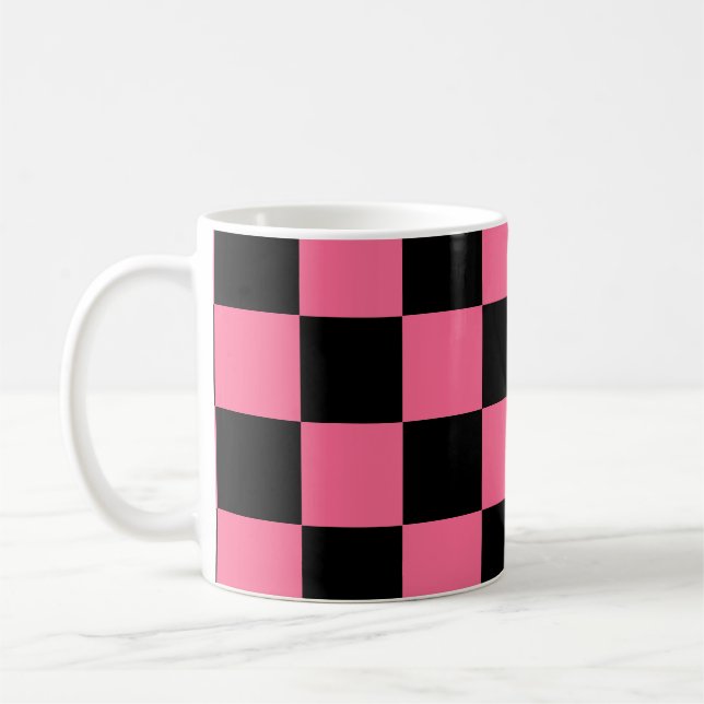Pink Black Chequered Check Pattern Coffee Mug (Left)