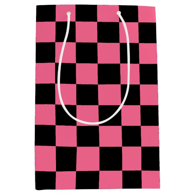 Pink Black Chequered Check Pattern Medium Gift Bag (Front)