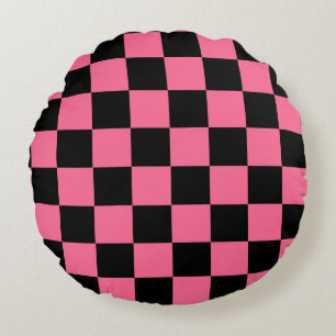 Pink Black Chequered Check Pattern Round Cushion