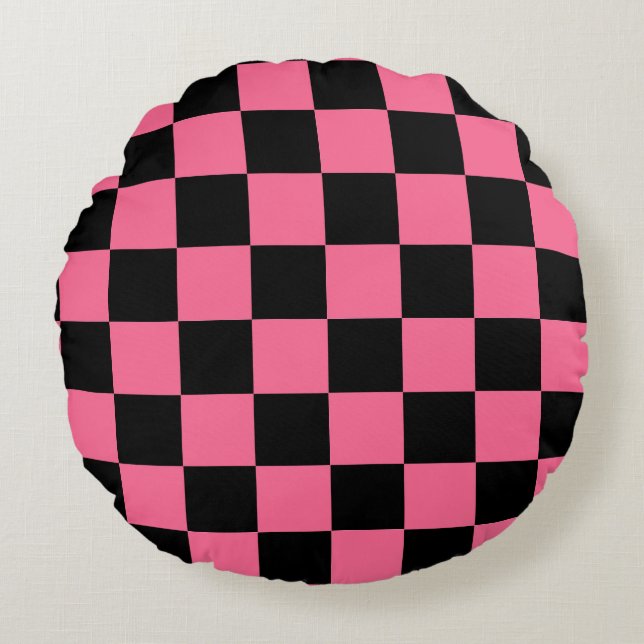 Pink Black Chequered Check Pattern Round Cushion (Front)
