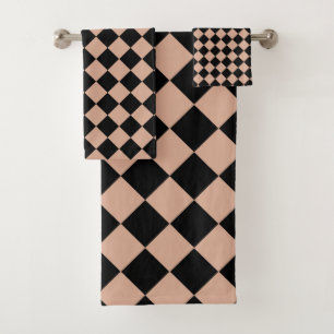 Pink Black Chequered Diamond Pattern Bath Towel Set