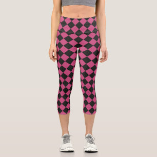 Pink Black Chequered Diamond Pattern Capri Leggings