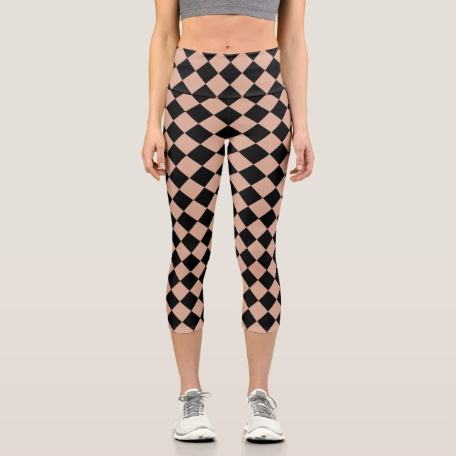 Pink Black Chequered Diamond Pattern  Capri Leggings (Front)