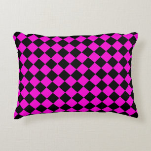 Pink Black Chequered Diamond Pattern Decorative Cushion