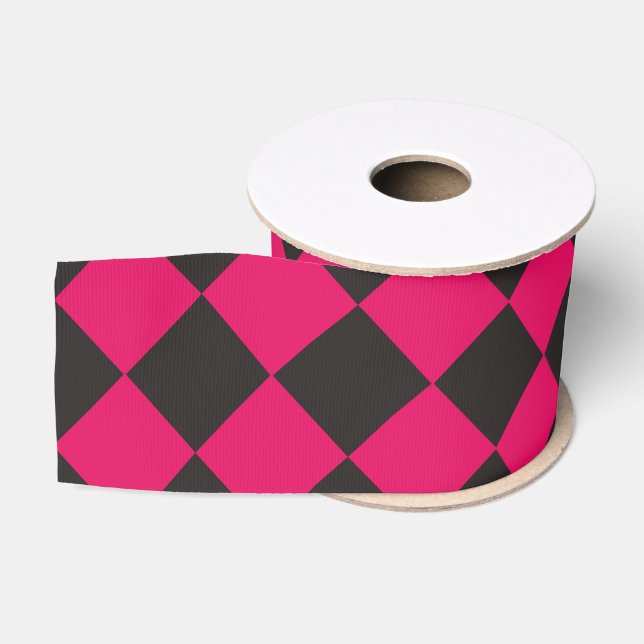 Pink Black Chequered Diamond Pattern Grosgrain Ribbon (Spool)