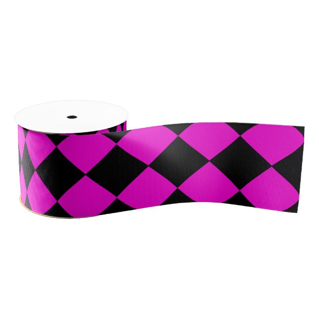 Pink Black Chequered Diamond Pattern Grosgrain Ribbon (Spool)