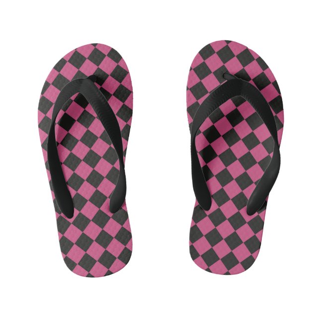 Pink Black Chequered Diamond Pattern  Kid's Flip Flops (Footbed)