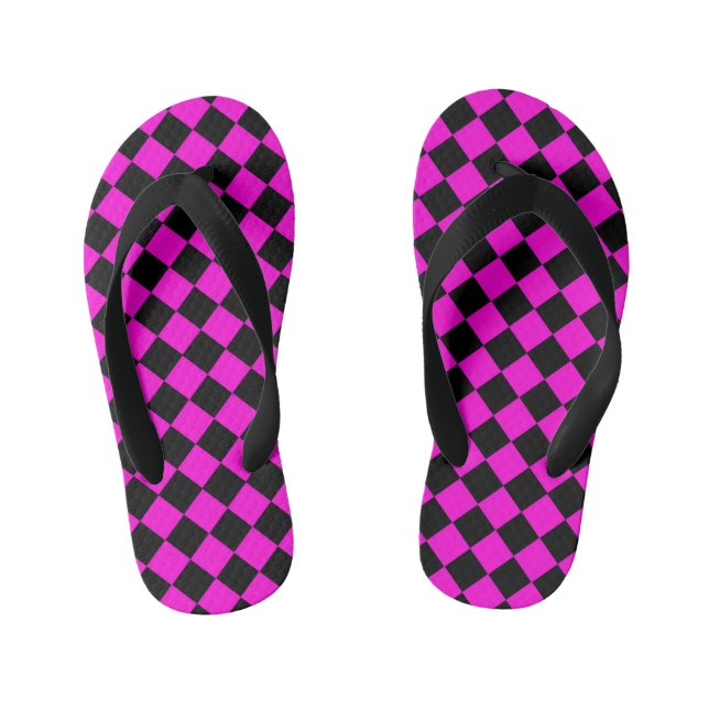 Pink Black Chequered Diamond Pattern  Kid's Flip Flops (Footbed)
