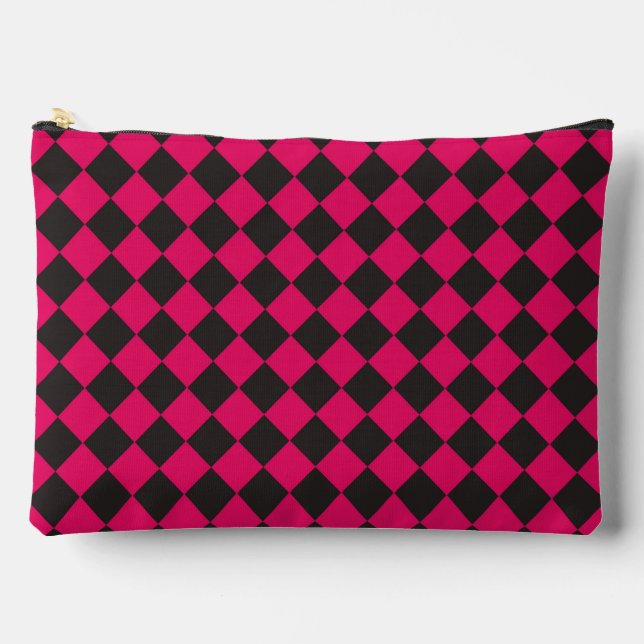 Pink Black Chequered Diamond Pattern Large Accessory Pouch (Front)