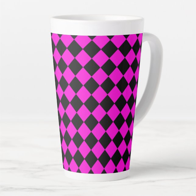 Pink Black Chequered Diamond Pattern Latte Mug (Right Angle)