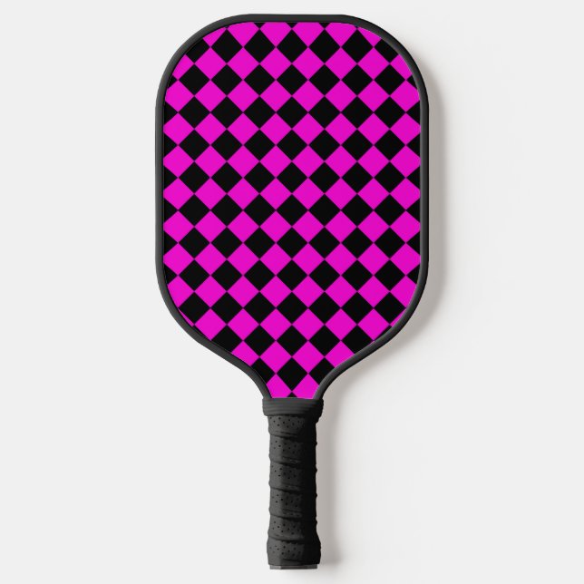 Pink Black Chequered Diamond Pattern Pickleball Paddle (Front)