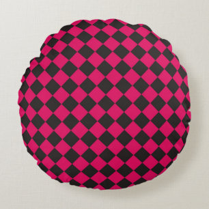 Pink Black Chequered Diamond Pattern Round Cushion