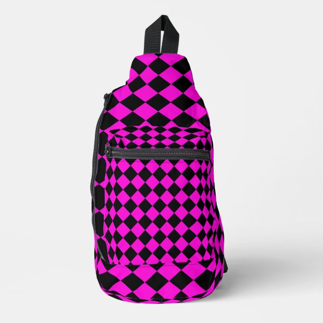 Pink Black Chequered Diamond Pattern Sling Bag (Front)