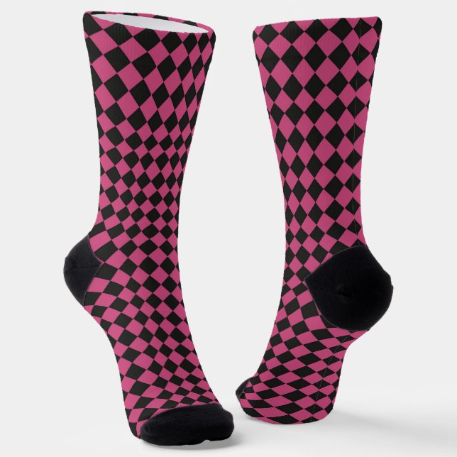 Pink Black Chequered Diamond Pattern Socks (Angled)