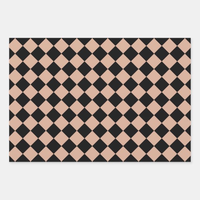 Pink Black Chequered Diamond Pattern Wrapping Paper Sheet (Front)