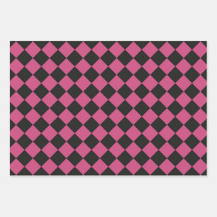 Pink Black Chequered Diamond Pattern Wrapping Paper Sheet