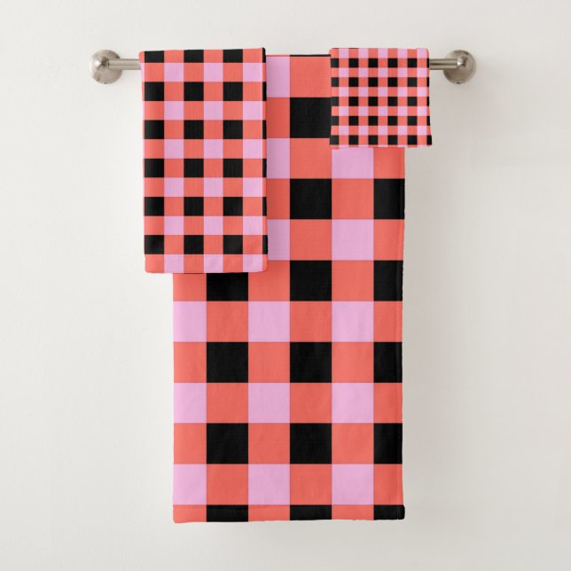 Pink Black Chequered Gingham Pattern Bath Towel Set (Insitu)