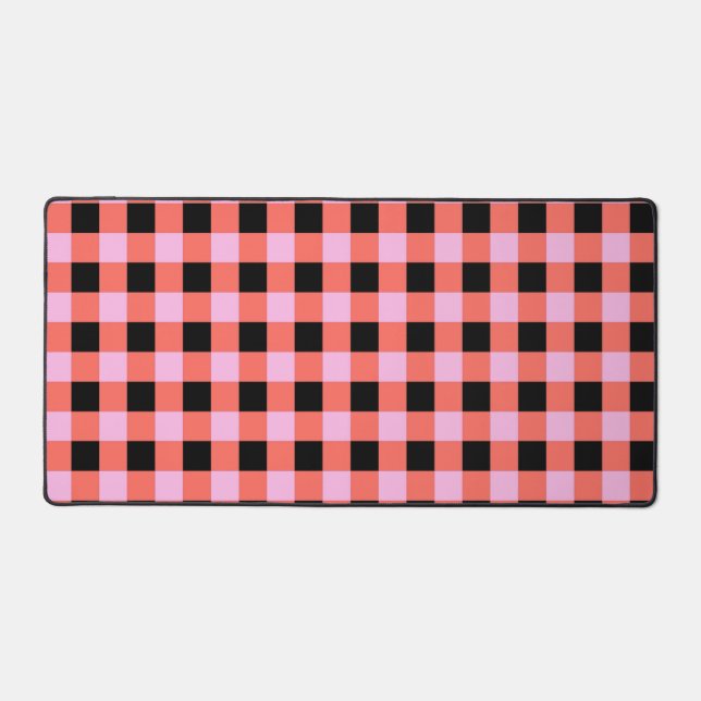 Pink Black Chequered Gingham Pattern Desk Mat (Front)