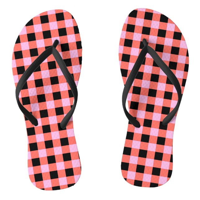 Pink Black Chequered Gingham Pattern Flip Flops (Footbed)