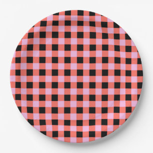 Pink Black Chequered Gingham Pattern Paper Plate