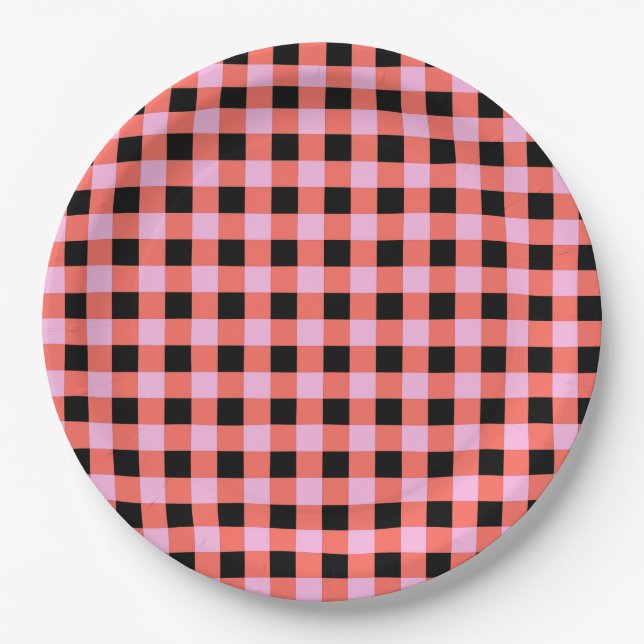 Pink Black Chequered Gingham Pattern Paper Plate (Front)