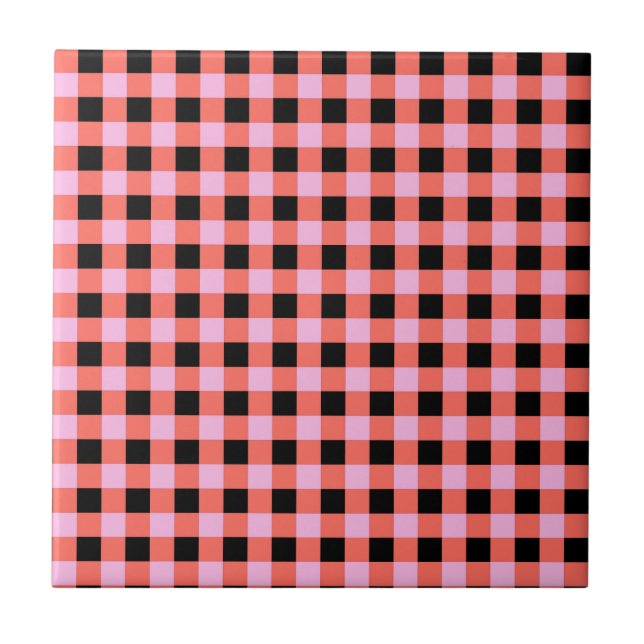 Pink Black Chequered Gingham Pattern Tile (Front)