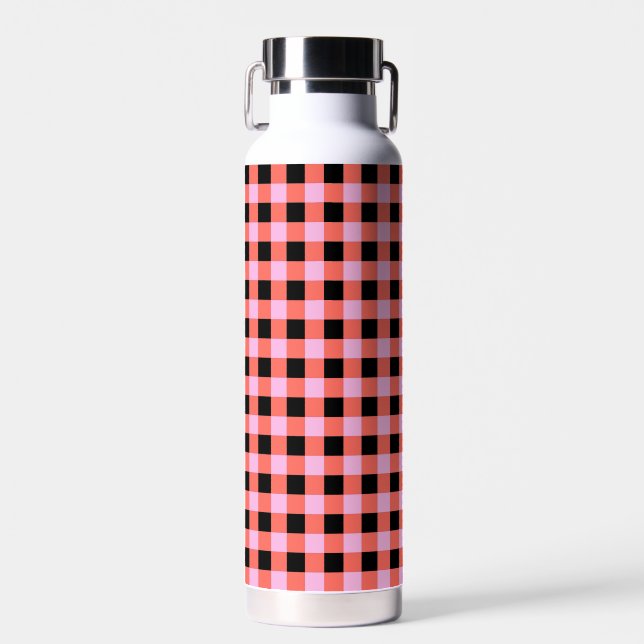 Pink Black Chequered Gingham Pattern Water Bottle (Front)