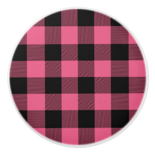Pink & Black Chequered Squares Buffalo Plaid Ceramic Knob