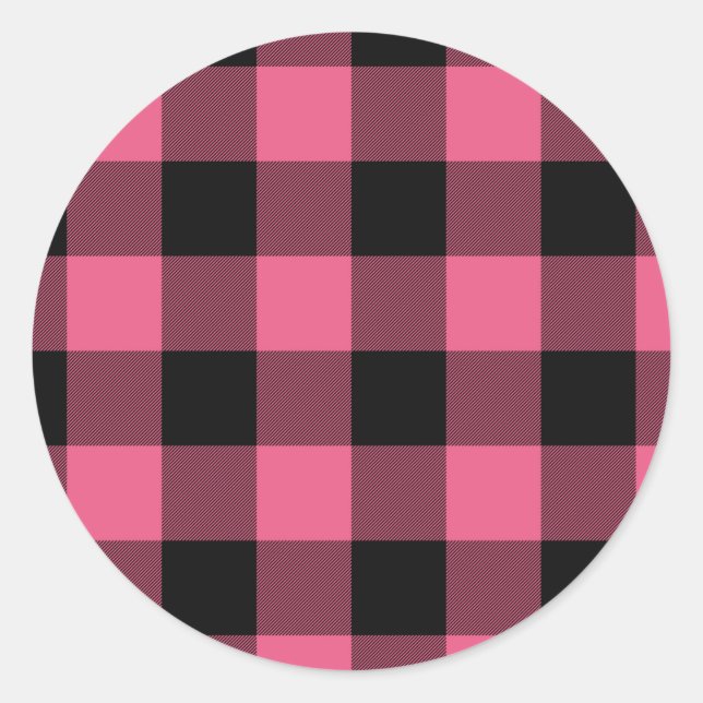 Pink & Black Chequered Squares Buffalo Plaid Classic Round Sticker (Front)