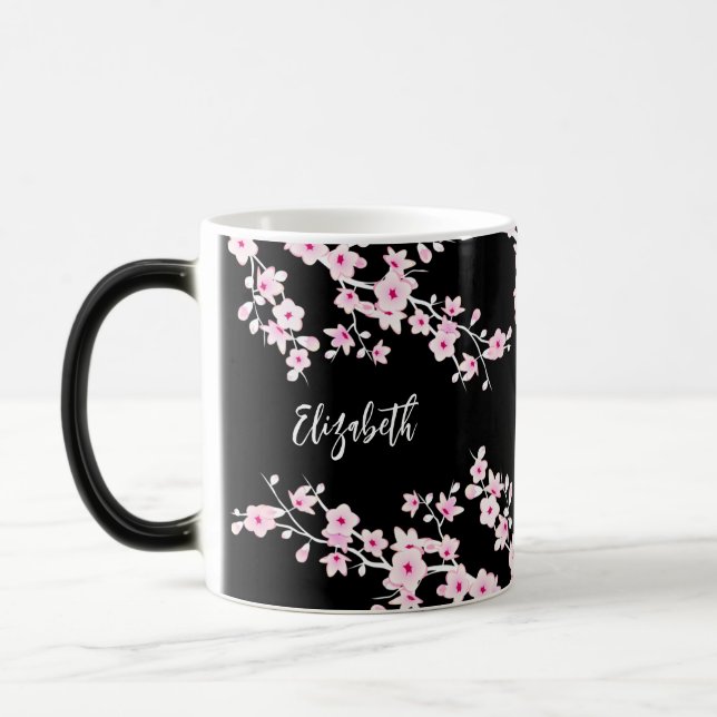 Pink Black Cherry Blossom Monogram Magic Mug (Left)